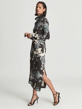 Reiss Black Floral High-Neck Midi Dress with Cream Accents